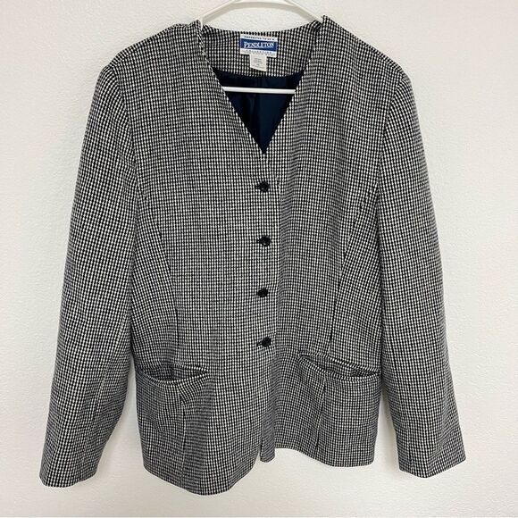 VINTAGE 1900s Pendleton 100% Wool Black White Button Down Blazer Women's size 12 - Picture 1 of 4